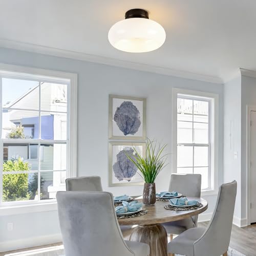 Image of Black Semi Flush Mount Ceiling Light Mid Century Modern Entryway Light Fixture 11 inch Glass Globe Flush Mount Light Fixture for Hallway Kitchen Bedroom Closet