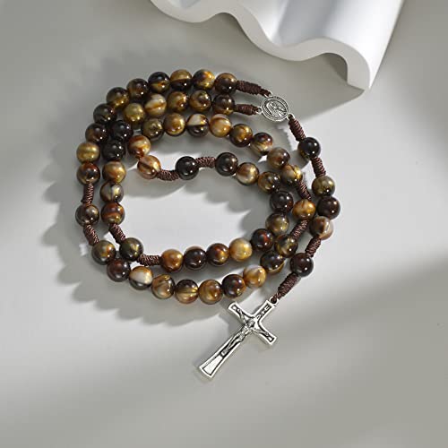 10mm Brown Beads Catholic Rosary Handmade Braided Rosaries with Curcifix Cross and Holy Mary Medal Amulet Rosary Beads Necklace for Women Men3