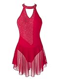 Vestido de baile de diamantes de imitación con cuello en V para mujer Vestidos de gimnasia de leotardo con falda patinaje artístico