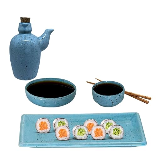Kit Sushi Comida Japonesa Porcelana 4 Pessoas Azul Mesclado 9 peças + Hashi Molheira 110mL