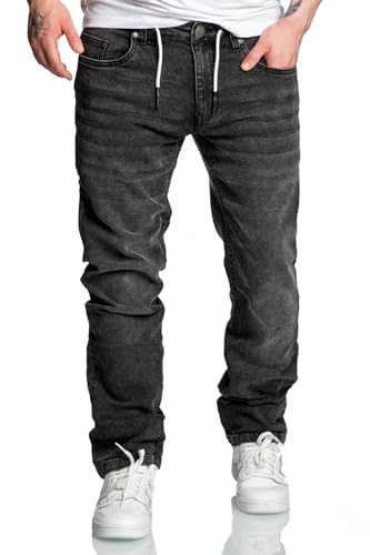 Amaci&Sons Herren Sweathose in Stretch Denim Männer Kordel Basic Jogging Jeans 7031 Schwarz W32