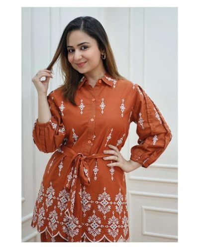 Image of Pure Cotton Fully Embroidered Work Rust Schiffli Co-Ord Set | Belt Having Embroidery | Co-Ord Set For Women & Girls