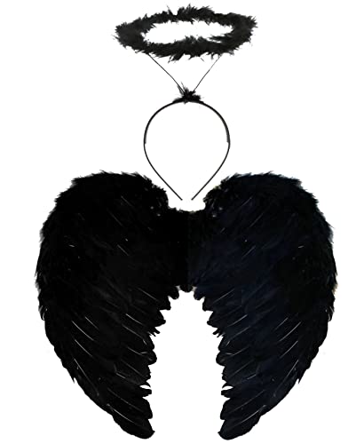 Ladies Dark Angel Costume Set - Black Feather Wings and Black Marabou Halo - Adults Dark Angel Fancy Dress Costume Accessory Set