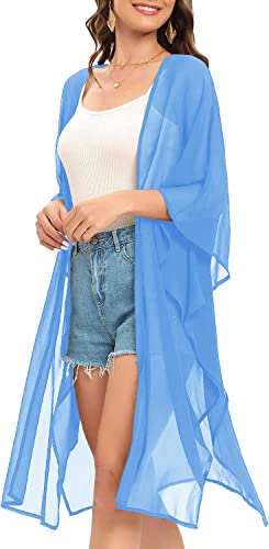 Image of Indian Trendy Women's Solid Puff Sleeve Kimono Long Cardigan Loose Cover Up Casual Blouse Top Chiffon