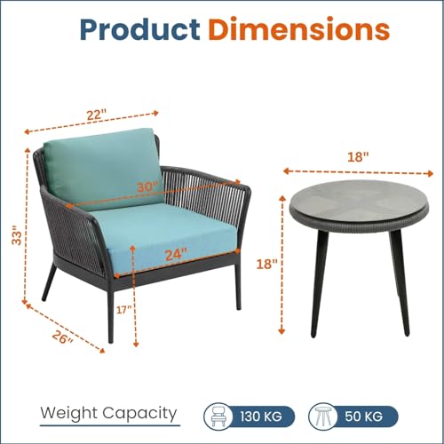 Image of DEVOKO Outdoor Living with Our 3 Piece Patio Set, Grey Rope Bistro Furniture with Sky Blue Cushions, Ideal for Balcony, Backyard Or Porch Provides Durability & Style