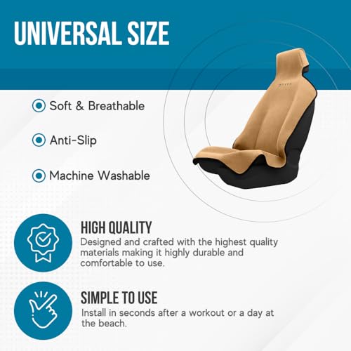 Image of DryvaSeat - Premium Microfiber Towel Car Seat Cover - Waterproof & Sweatproof - Universal Fit, Machine Washable, Non-Slip - Seat Protector for Car, Truck, SUV, Van (Tan, 1 Pack)