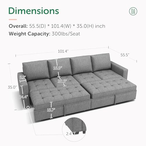 Image of HONBAY Modular Sectional Sleeper Sofa with Pull Out Bed, Linen Convertible Sectional Couches for Living Room,Grey
