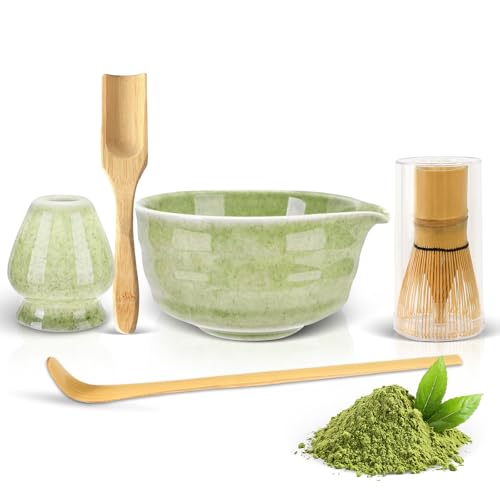 Jarudlc 5 Pièces Matcha Kit, Ensemble AvecTamis, Cuillere, Bol Matca, Fouet a Matche, Support de Fouet à Matche, Kit Matcha Complet, Ustensile Matce Coffret matece