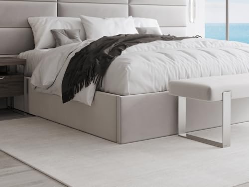 VANT Upholstered Platform Bed - King Size - Velvet Platinum Grey - Easy Assembly Bed Frame No Box Spring Needed Foundation for Optimal Support - Sleek Modern Design for Any Bedroom