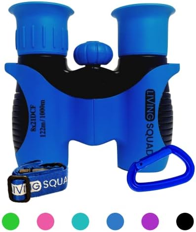 Living Squad Kids Blue Binoculars 8x21 - Kids Age 3-12, Shock Proof Compact Binoculars Set with High Resolution Optics Toys for Bird Watching, Stargazing, Hunting, Hiking, with Case, Neck Strap