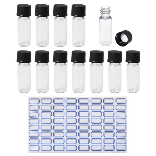 LUORNG 2ml Clear Glass Vials, 12 Pack with Screw Caps, Leak-proof Sample Vials with Labels for Laboratory