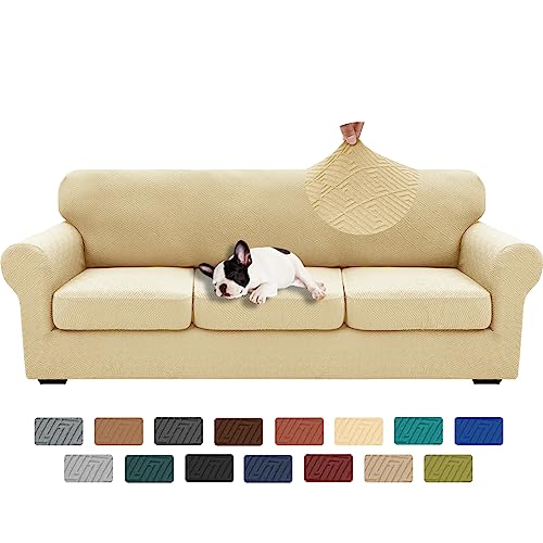 XINEAGE 2025 New 4 Pieces Extra Large Couch Covers for 3 Cushion Sofa Super Stretch Sofa Cover for 3 Large Seat Cushion Universal Fitted Slip Cover for Living Room (Beige), 91"-110"(3 Cushions)