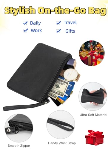 Small Makeup Bag for Purse Mini Cosmetic Pouch Zipper Little Wristlet, Tiny Make Up Organizer Lipstick Feminine Product Car Change Coin Holder for Women, 4.5 x 6.5 Clutch Stadium Approved, 1 Black4