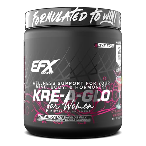 EFX Sports Kre-A-Glo Kre-Alkalyn Creatine for Women | 2.5g Collagen 300mg Ashwagandha 100mg Hyaluronic Acid | 30 Servings (Strawberry Margarita)