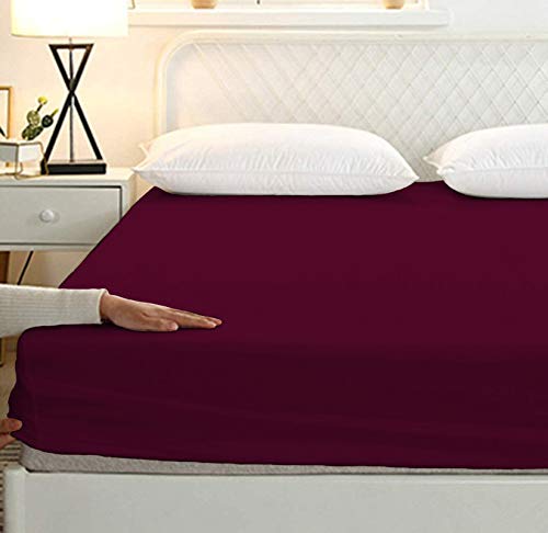 Image of Sweet Dream's 750 Collection Egyptian Cotton Fitted Bedsheet 4 to 12 Inch Matress 15 inch Drop Doube Bed (48x75) Inches (4 by 6.3) Feet + 2 Pillow Covers (18x28), Wine