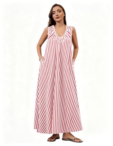 Image of Women Flowy Maxi Dress Ruched Sleeveless Long Dress Vacation Fashion Summer Casual Loose Fit Sundress with Pockets