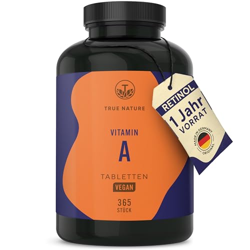 Vitamin A – 365 Tabletten (3.000 µg) – Retinol hochdosiert (10.000 I.E.) – Vit A Kapseln Alternative – Direkt verwertbare Form – Vegan, ohne Zusätze, deutsche Produktion – TRUE NATURE®