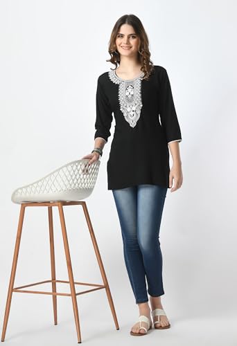 Image of LIBOZA Short Kurti for Women - Lakhnowi Chikankari Embroidered Ladies Kurta, Stylish Girls Top, Ethnic Half Kurtas, Tunic Design Woman Kurtis