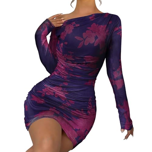 Image of Women's Long Sleeve Bodycon Mini Dress Tie Dye Print Slim Fit Asymmetrical Neck Elegant Formal Ruched Short Dresses