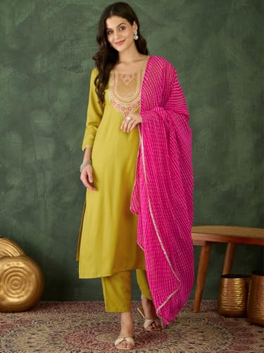 Image of Naixa Women's Rayon Embroidered Straight Kurta Set with Rayon Pant & Georgette Printed Dupatta | Festive, Party & Casual Ethnic Suit for Women(NX2-782)