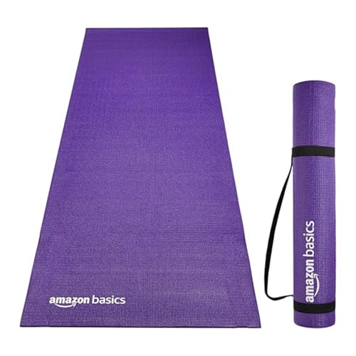Image of Amazon Basics 6 MM Yoga Mat with Carry Strap | Grippy Surface | Anti-Slip Exercise Mat | PVC Material | Yoga Mat for Men & Women | Exercise Mat for Gym or Home | Purple