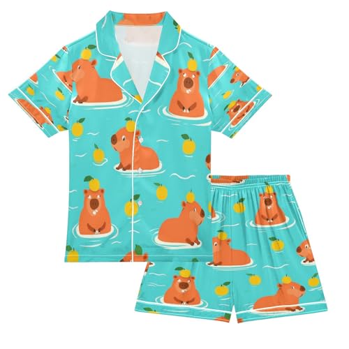 Satin Pajama Sets Short Sleeve Cute Animals Swimming Playfully Button Down Silky Nightwear 2 Piece PJS 5-14Y