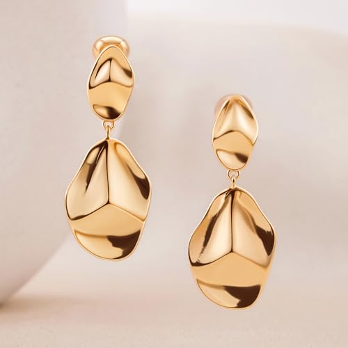 FAN&LOUIS Clip On Dangle Earrings Women,14K Gold Statement Dangle Earrings Clips Lightweight Hammered Drop Dangle Clip-on Earrings for Women 20262