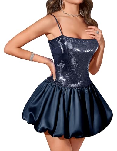 Image of BeryLove Women's Sequin Short Prom Bubble Dress Sparkly Spaghetti Strap Cocktail Party Mini Dresses