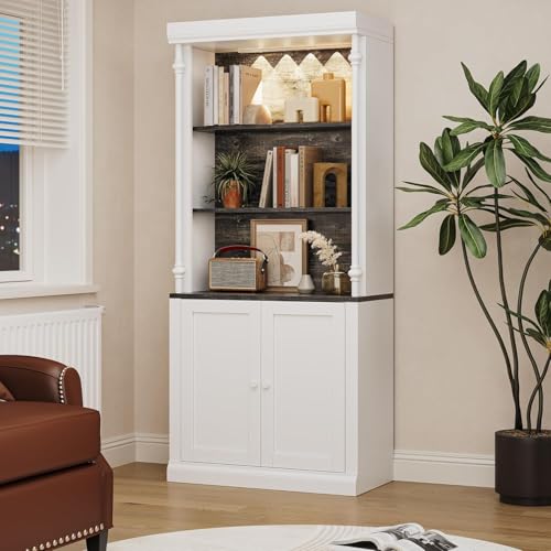 Garvee 71 Inch Tall Storage Bookshelf with 5-Tier Open Shelves, Roman Column Bookshelf with LED Lights, Display Cabinet for Home Office Living Room, White & Grey Grain, with 2 Doors