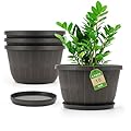 Quarut 10 inch Plastic Flower Pots for Outdoor Plants?4 Pack Large Outdoor Planter Pot with Drainage Holes & Saucers?Imitation Wine Barrel Design?for Indoor Outdoor Garden Plants?Brown?