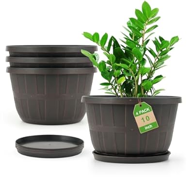 Quarut 10 inch Plastic Flower Pots for Outdoor Plants?4 Pack Large Outdoor Planter Pot with Drainage Holes & Saucers?Imitation Wine Barrel Design?for Indoor Outdoor Garden Plants?Brown?