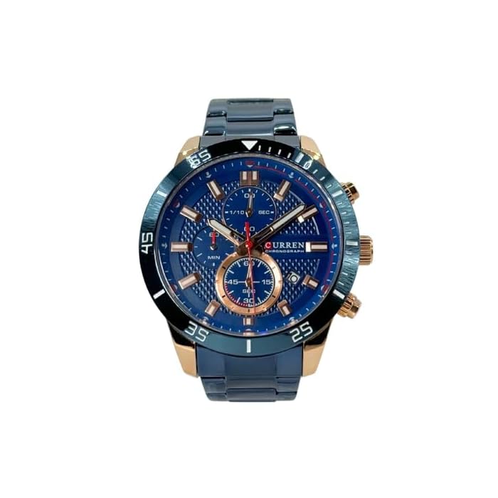 CURREN 8417. Reloj de Cuarzo para Hombre con Correa de Acero Inoxidable Azul y Esfera Azul con Detalles en Rojo, Blanco y Oro Rosa. Tiene función de Calendario y cronómetro. - Imagen 2