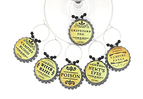 Halloween Wine Glass Charms - Witch Wine Charms - Glass Identifier Tags - Halloween Glass Markers, Bottle Cap Wine Charms - Witches Brew Themed Wine Charms - 6 Wine Charms/Pack #TOP1