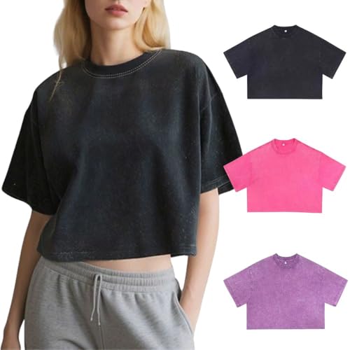 Damen Oversized T-Shirt 3er-Pack Kurzarm-Crop-Tops Rundhals-Mode-T-Shirt T-Shirt Sommer Hip Hop Streetwear Black Rosy Purple M