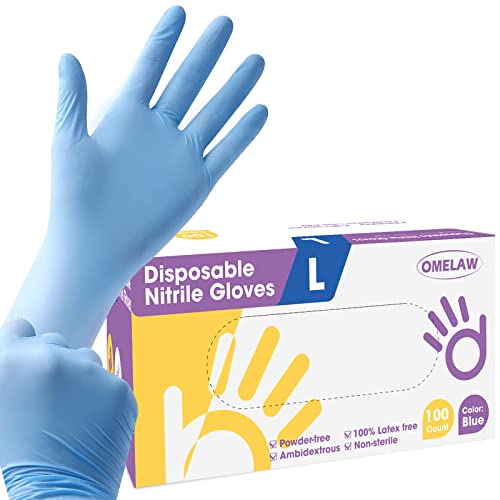Omelaw Nitrile Gloves Medium Blue, Pack Of 100, Latex Free Powder Free Glove Ambidextrous, Ultra-Strong, Non-Sterile Food Safe #TOP27