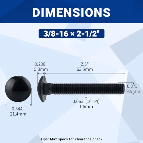 Image of 3 /8-16 x 2-1 /2 inch Black Carriage Bolts with Nuts and Washers Kits (10 Sets), 304 Stainless Steel 18 /8, Black Finish, Round Head, Square Neck, Heavy Duty Bolts, Indoor Outdoor Fastening Bolts, Fayeploo
