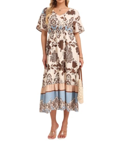 Image of Women's Summer Short Sleeve Maxi Floral Flowy Dresses with Pockets