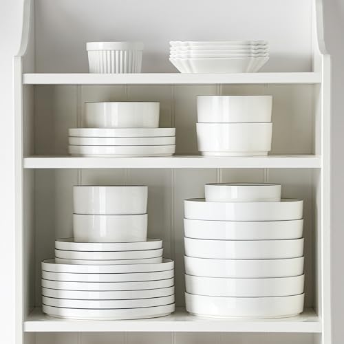 MALACASA Geschirrset 24-tlg für 6 Personen, Modernes Tafelservice aus Weiß Porzellan mit Stehrand & Schwarzer Akzentkante, Geschirr Set inkl. 6x Essteller, Dessertteller, Suppenteller, Suppenschüssel
