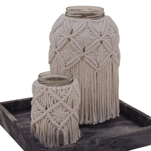 Makramee Windlicht Outdoor I Balkon Deko Glas I Beige Boho Deko Balkon für...