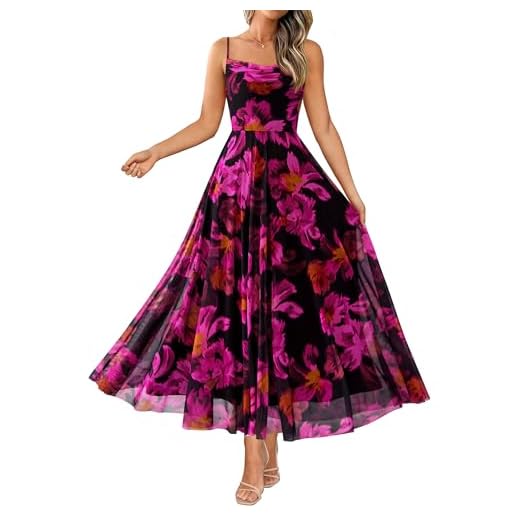 BTFBM Women Summer Floral Maxi Dresses Elegant Spaghetti Strap Dress Printed Party Dress Beach Long Dresses(Floral Black Rose Red,Small)