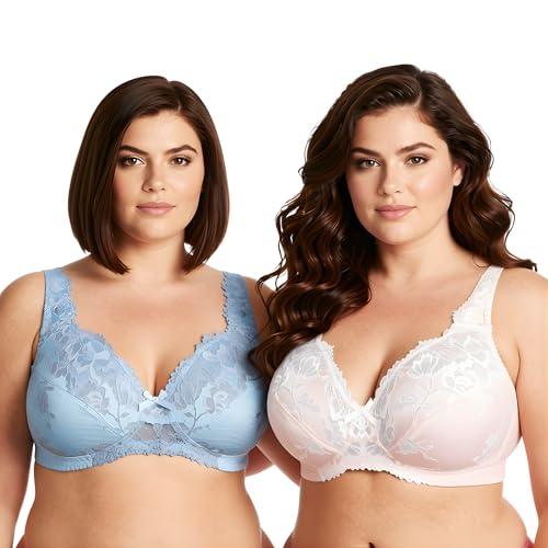 Curve Muse Women's Plus Size Minimizer Unlined Wireless Lace Full Coverage Bras-2Pack-Starlight Blue,Pink Dogwood-40DDD-V2
