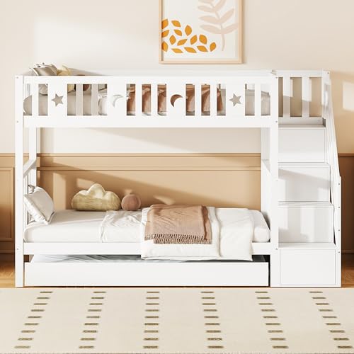 Moimhear Litera infantil, 90 x 200 cm+90 x 190 cm, litera de madera maciza, con cama nido, con escalera de seguridad, escalera de almacenamiento, somier, convertible en 2 camas pequeñas, color blanco