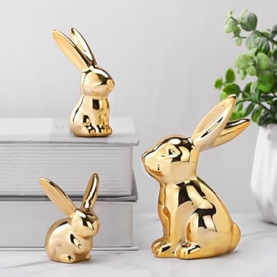 Wesiti 3 Pcs Easter Decoration Golden Bunny Figurines Set 4.5'', 3'', 2.36" Ceramic Easter Rabbit Statue Vintage Bunny Figurine Gift for Home Office Table Decor Spring Party Supplies (L, M, S)