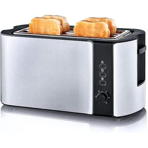 Toaster 4 Slice, Long Slot Toaster Stainless Steel Toaster, 2 Slice Toaster for Bagel Bread, Built-in Warming Rack Bread Toaster, Defrost/Reheat/Cancel Stylish Design, Compact Toaster 1300W, Silver Cover