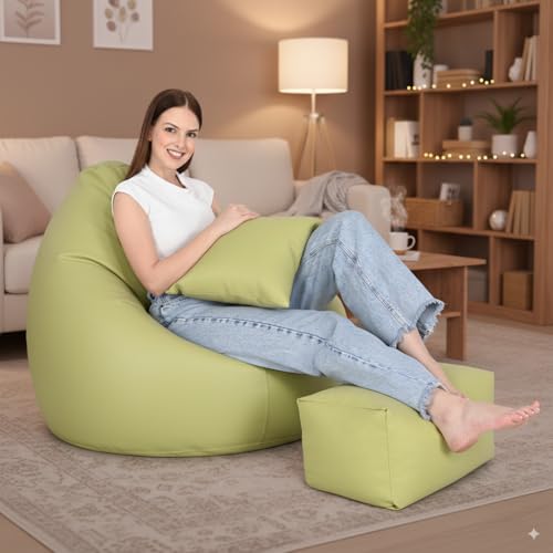 Image of 5XL Premium Leatherette Bean Bag with Rectangular Footrest & Cushion | High Density EPS Beans Filled | Teardrop Shape with Handle | 6 Months Warranty (Olive Green, 5XL Combo Pack, Solid)