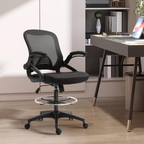 NFMOD Mesh Drafting Chair, Tall Office Chair with Lumbar Support, High-Back Ergonomic Standing Desk Stool with Flip-Up Armrests, Adjustable Footrest Ring and Adjustable Seat Height, Black