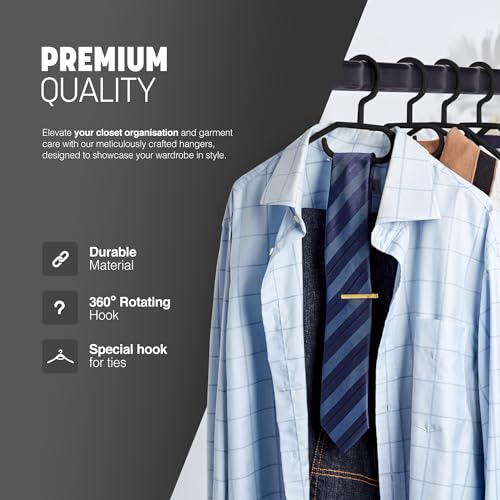 KEPLIN Plastik Kleiderbügel Schwarz - 20 Stück I platzsparend, strapazierfähig, drehbare Bügel für Mäntel, Kleider, Hemden, Jacken I rutschfeste Hosenbügel mit drehbarem Haken & Krawattenstange