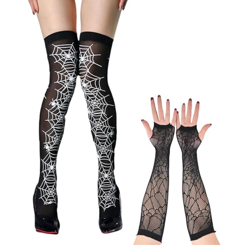 THXFUNAREA 2 pares de fantasia de Halloween, meias de aranha para mulher, luvas de aranha para Halloween, meias de teia de aranha, acessórios de fantasia