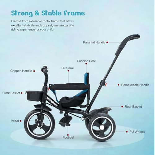 Image of Baybee 2 in 1 Baby Tricycle for Kids | Smart Balance Baby Trikes with Parental Handle, Cushion Seat, Safety Guardrail & Dual Storage | Kids Cycle for 2-5 Years Boy Girl (Tovino English Blue)