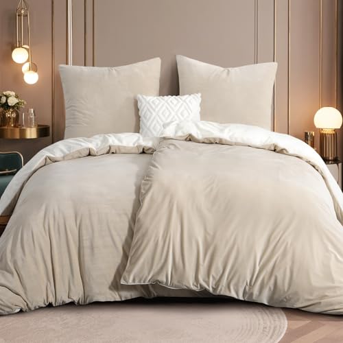 RUIKASI Flanell Bettwäsche 135 x 200 4teilig Beige - Weiß Warm Winter...